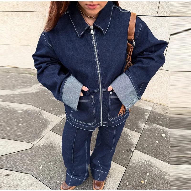 Fashion Denim Jacket Set Women Lapel Single Breasted Long Sleeve Coat Straight Jeans Pants 2025 Spring Lady  High Street Outfits