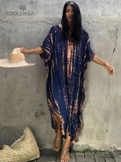 Bohemian Printed V-neck Batwing Sleeve Side Split Loose Dress For Women Clothes Plus Size Beachwear Maxi Dresses Q1218