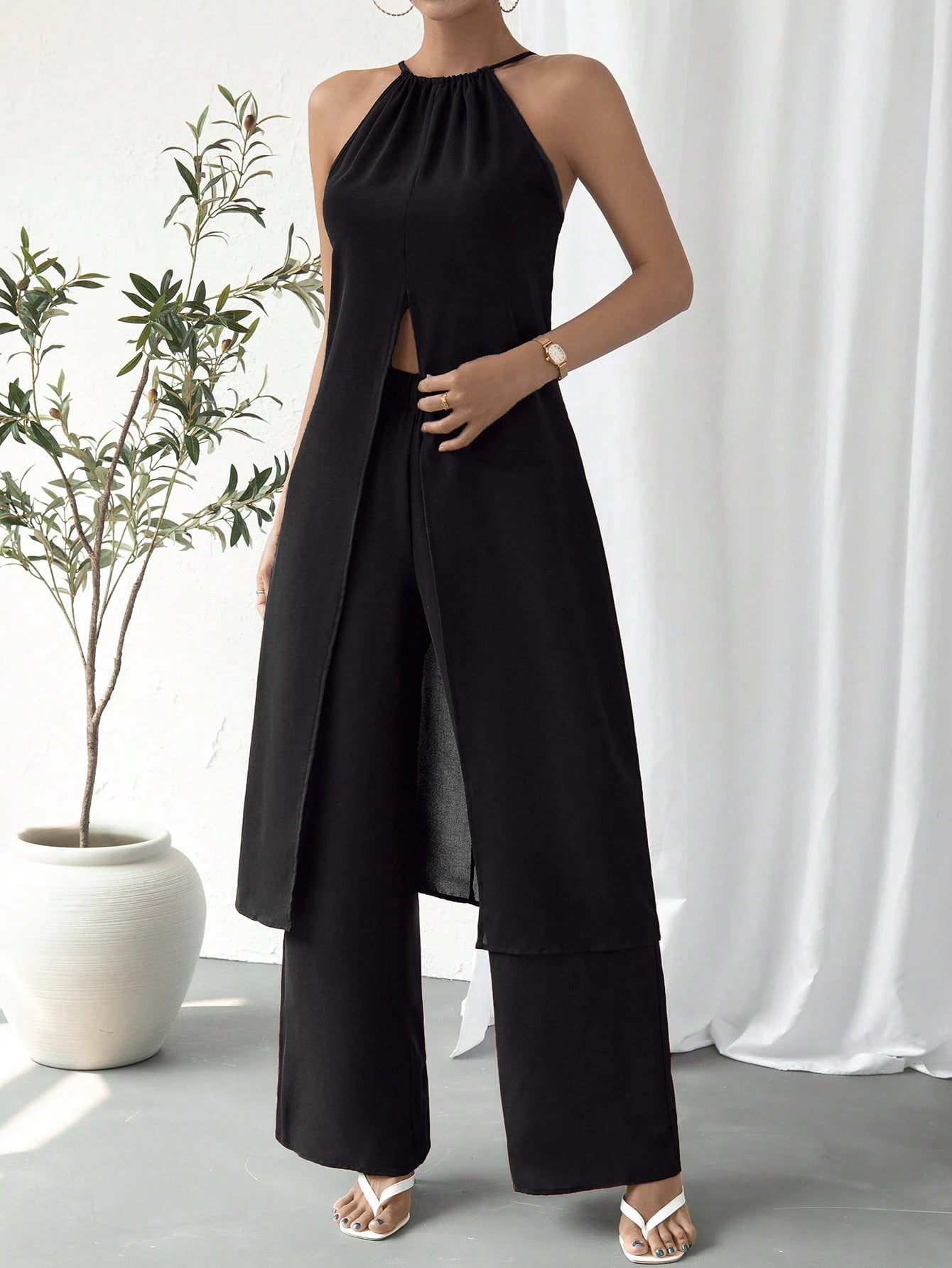 Elegant Casual Solid Color woman Chic Two-Piece Set Strap Design Fashionable Women's Outfit