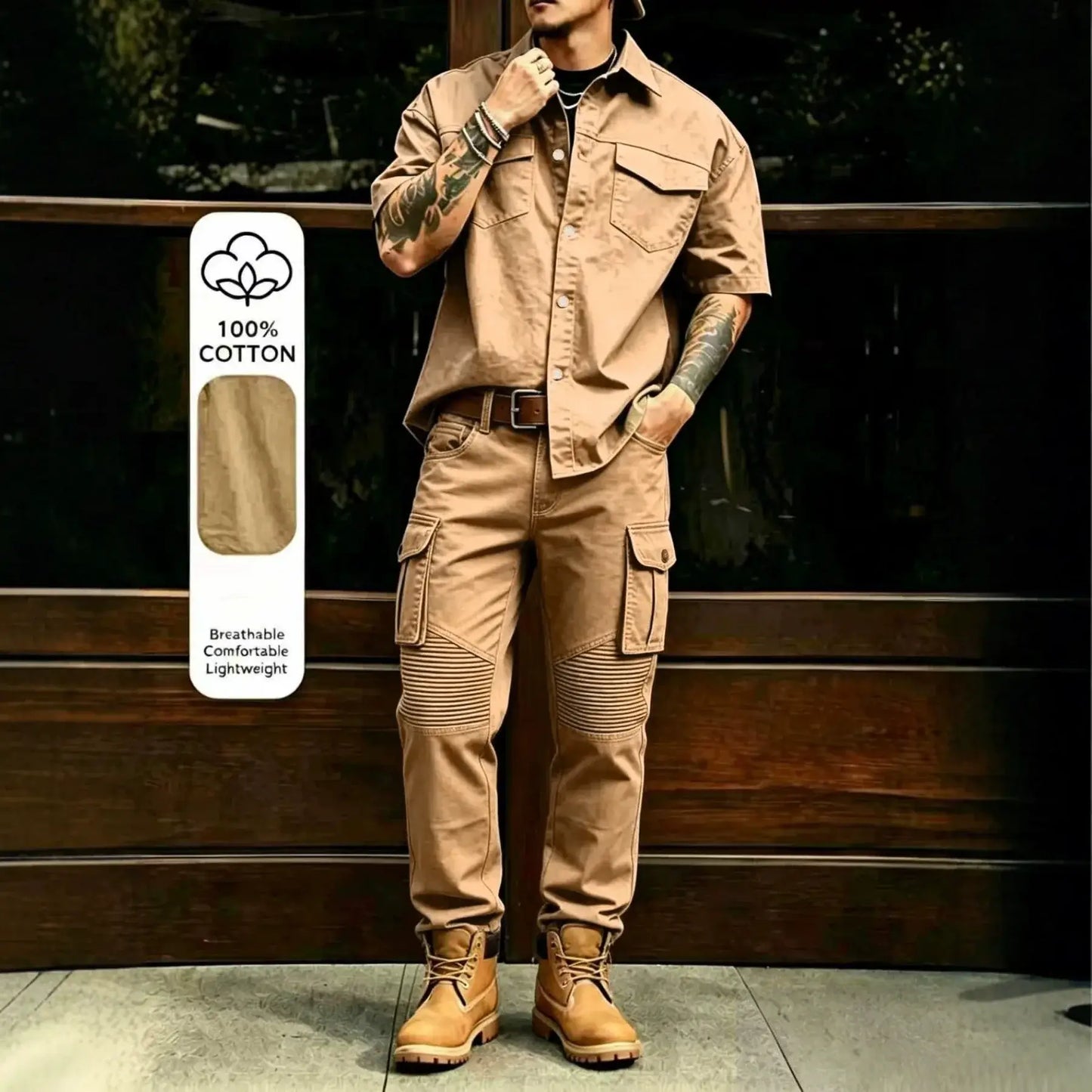 Herren Freizeit-Arbeitskleidung 100% Baumwolle Multi-Taschen Kurzarmhemd Hosen Set Herren Cargo Overalls Streetwear Kurzarm Knopf