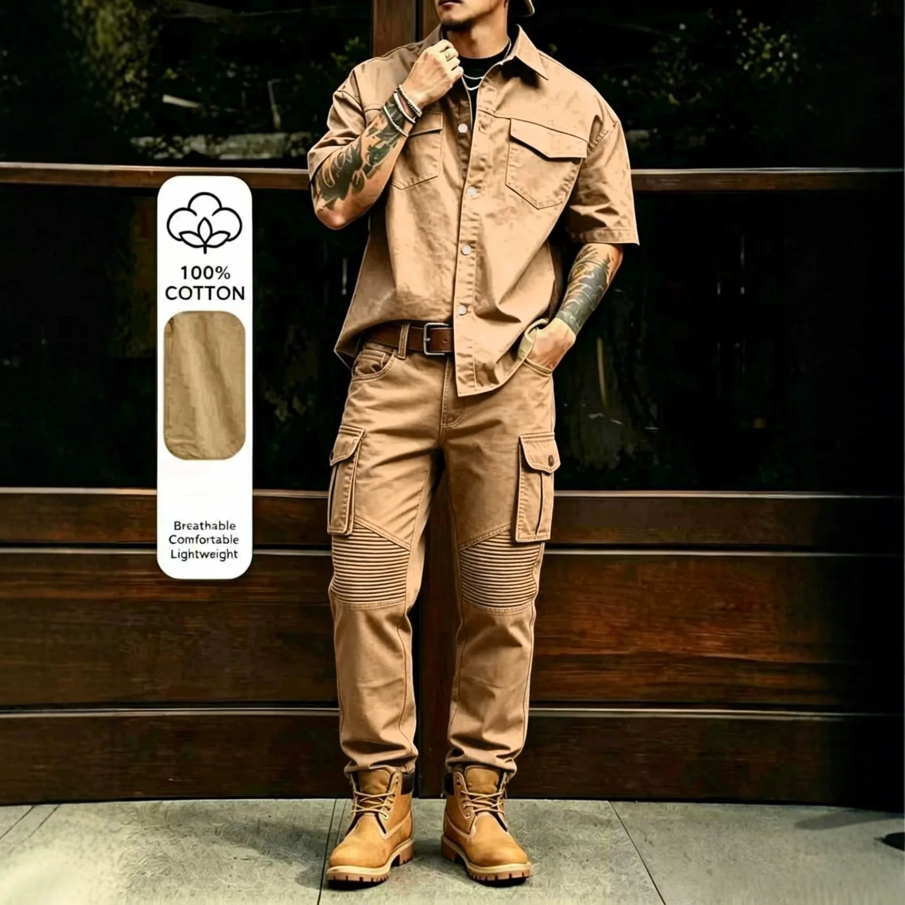 Men's Casual Workwear 100% Cotton Multi-Pocket Short-Sleeved Shirt Pants Set Male Cargo Overalls Streetwear Short Sleeve Button