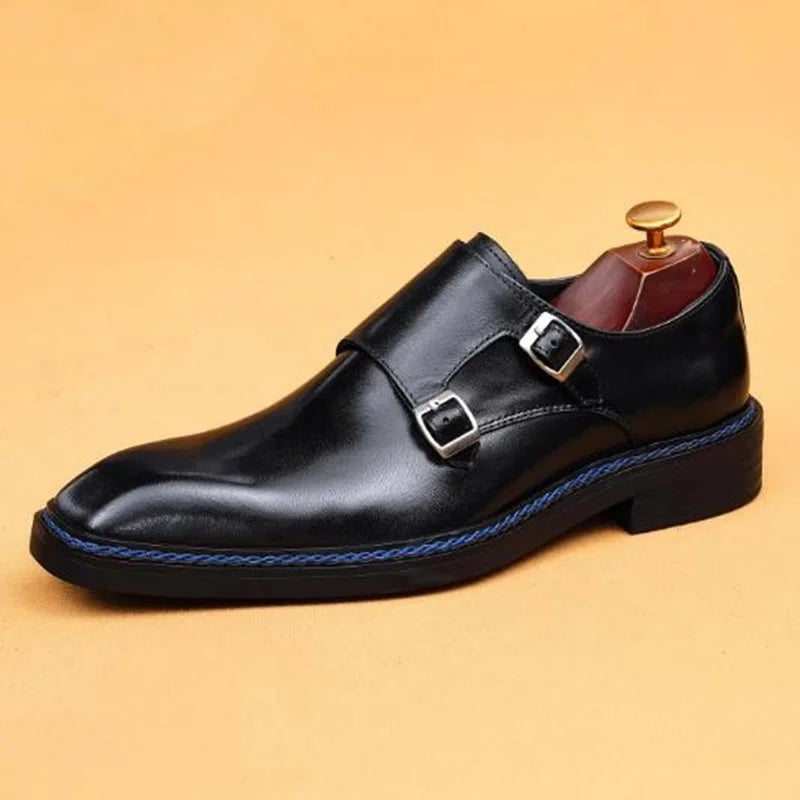 High-end Cowhide Leather Shoes For Men Square Toe Double Monk Strap Shoes Mens Dress Shoes Slip On Business Formal Shoes