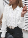 Shirts Elegant Office Ladies White Collared Lace Patchwork Hollow Out Button Up Womens Tops And Blouses  Fashion New Blouse