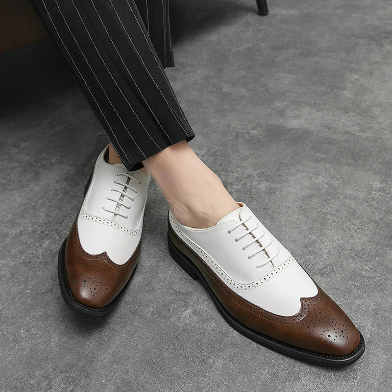 Herren Brogue-Schuhe mit Flügelkappe, Business-Oxford-Schuhe zweifarbig für Hochzeitsfeiern