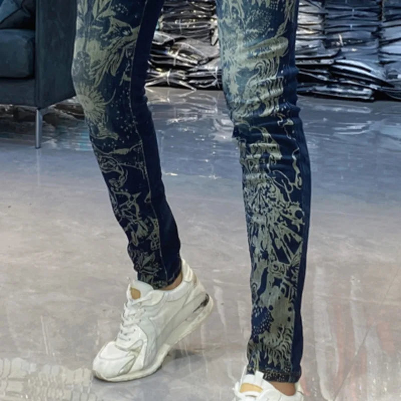 Skinny Jeans Men Vintage ArtPrint Men Jeans Fashion Jeans Printing Pant Streetwear Men Erkek Kot Pantolon Jeans Hombre