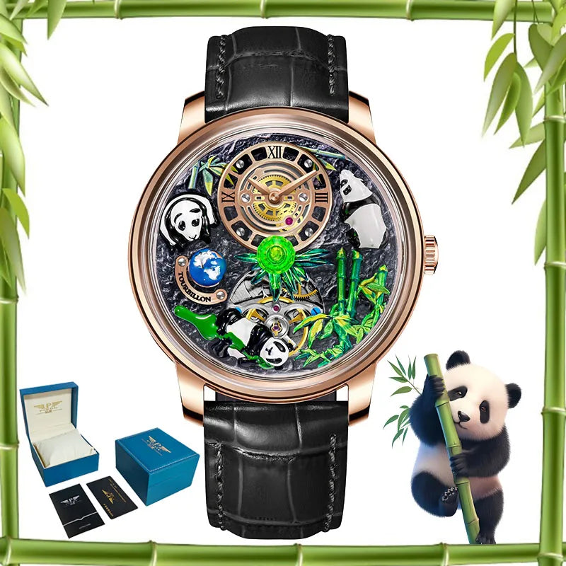 PINDU Three-dimensional Panda Dial Watches for Men High-end Luxury Transparent Hollowed Fully Automatic Mechanical Wristwatch