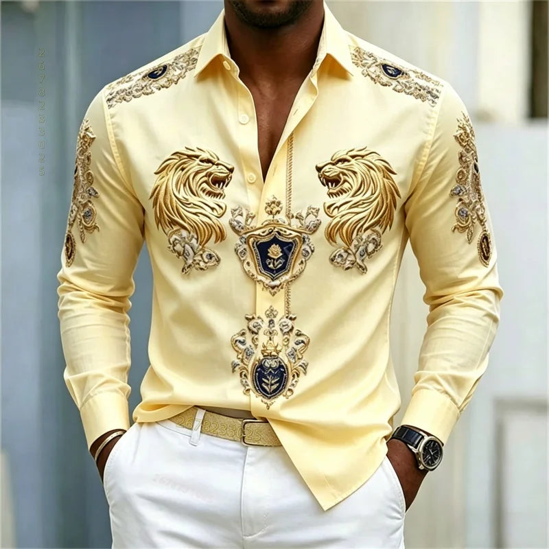 Men's shirt Baroque style shirt Lion head slim fit design long sleeved shirt Business casual street style men's clothing XS-6XL