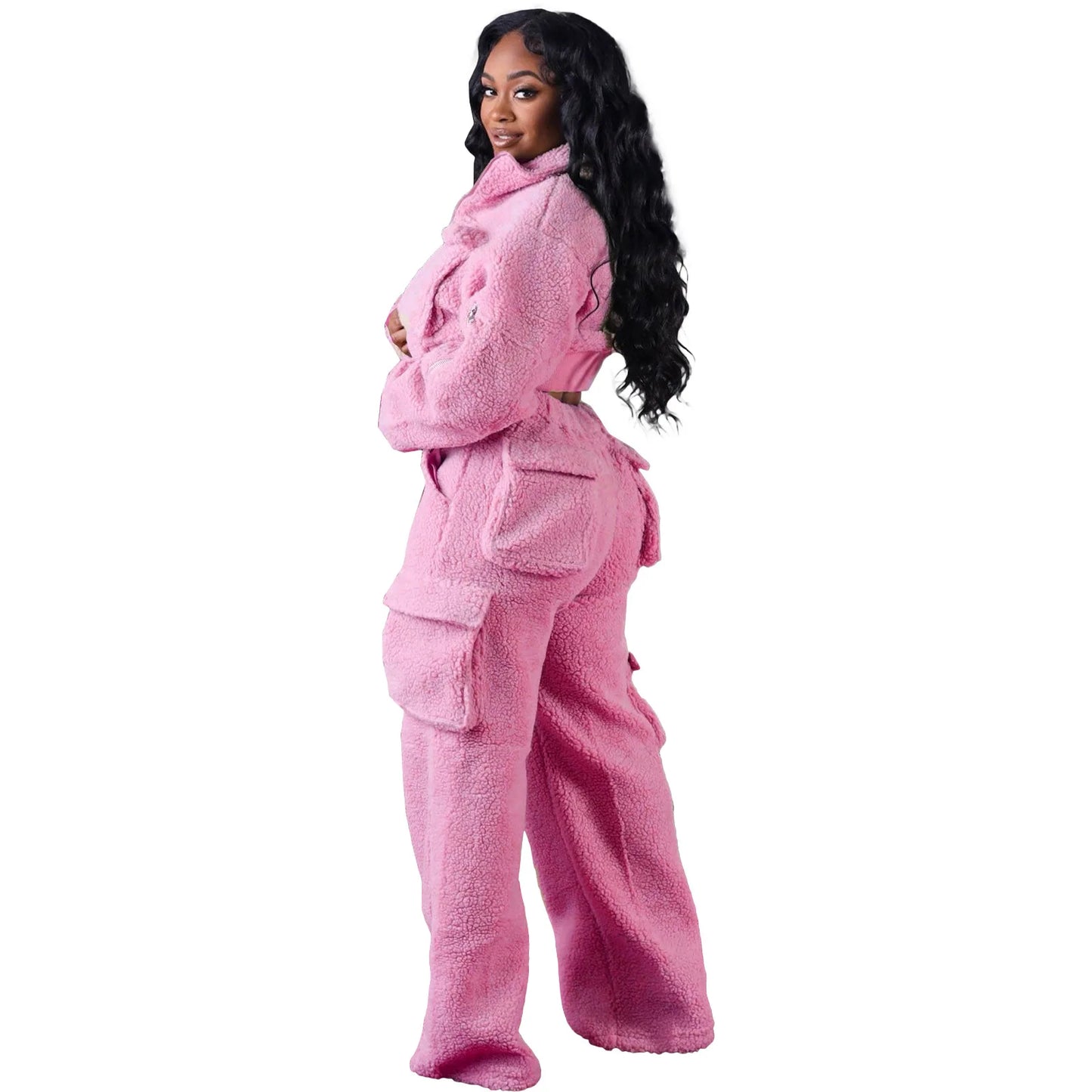 Fashion Elegant Winter Clothing Boutique Lounge Wear Long Sleeve Sherpa Fleece Jacket and Cargo Pant Women 2 Piece Set