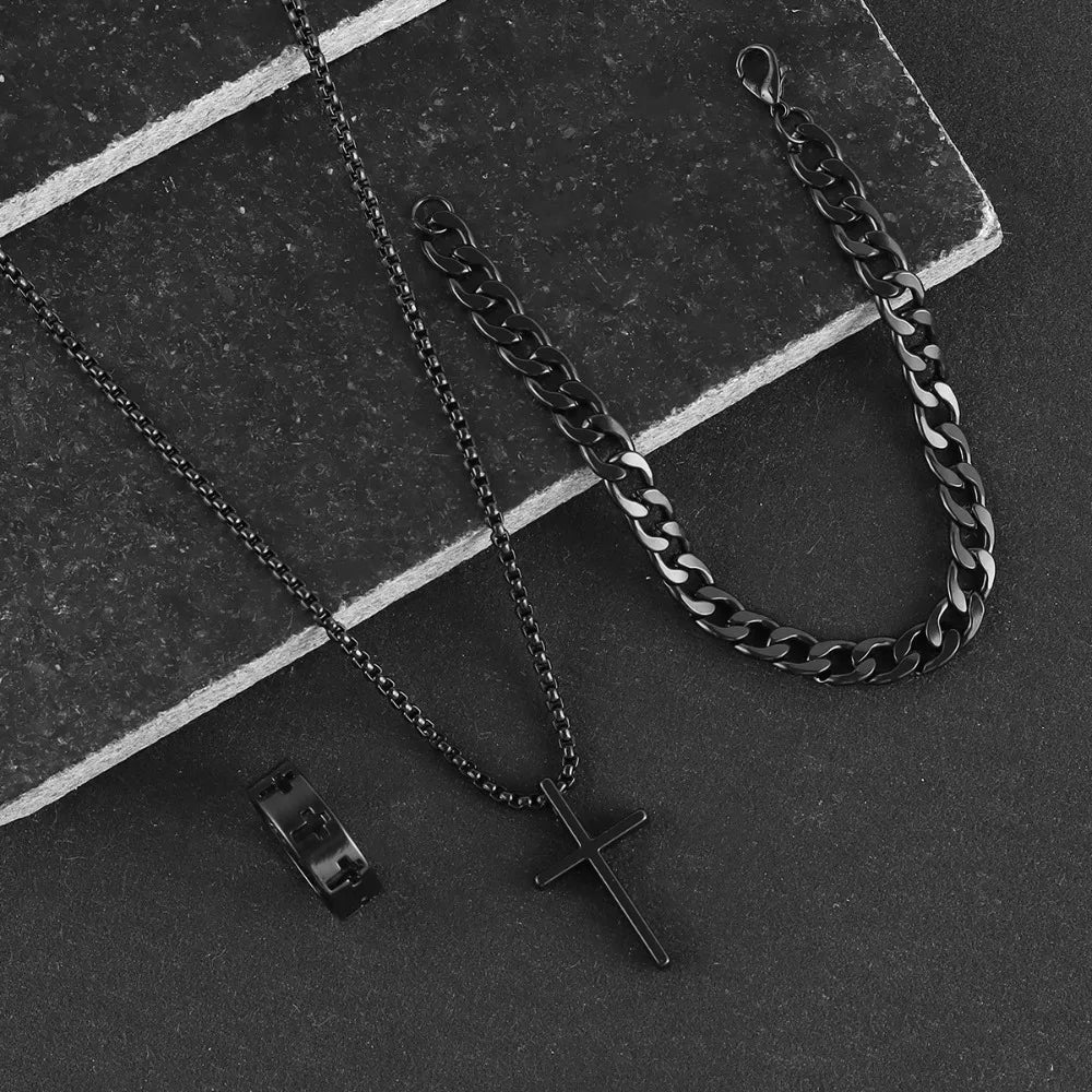 3pcs Fashion Alloy Men's Cross Pendant Necklace, Bracelet & Ring Combo Jewelry Set