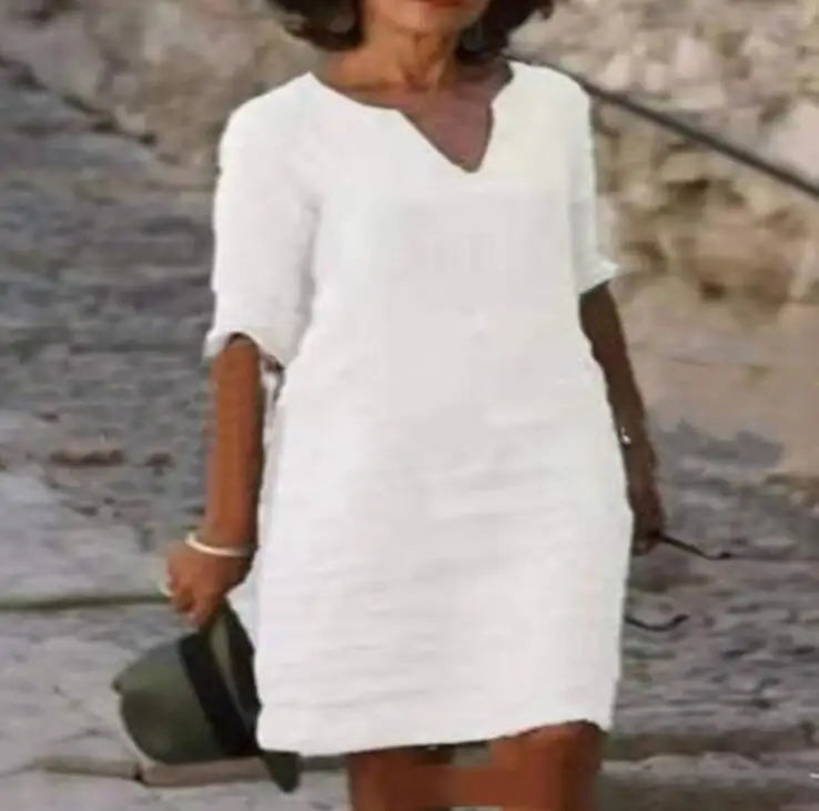 Vintage Solid Mini Dress Women Fashion Summer V-neck Three Quater Sleeve Cotton Linen Party Dresses Ladies Casual Femme Vestidos