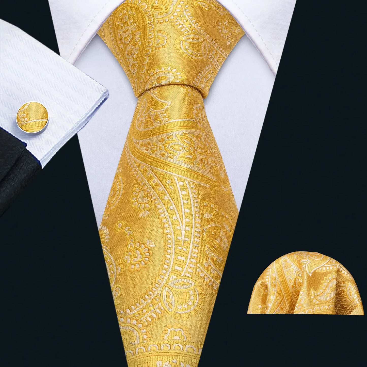 Classic Gold Silk Men Necktie Fashion Stripe High Quality Handkerchief Cufflinks Set Wedding Male Ties Business Party Barry.Wang