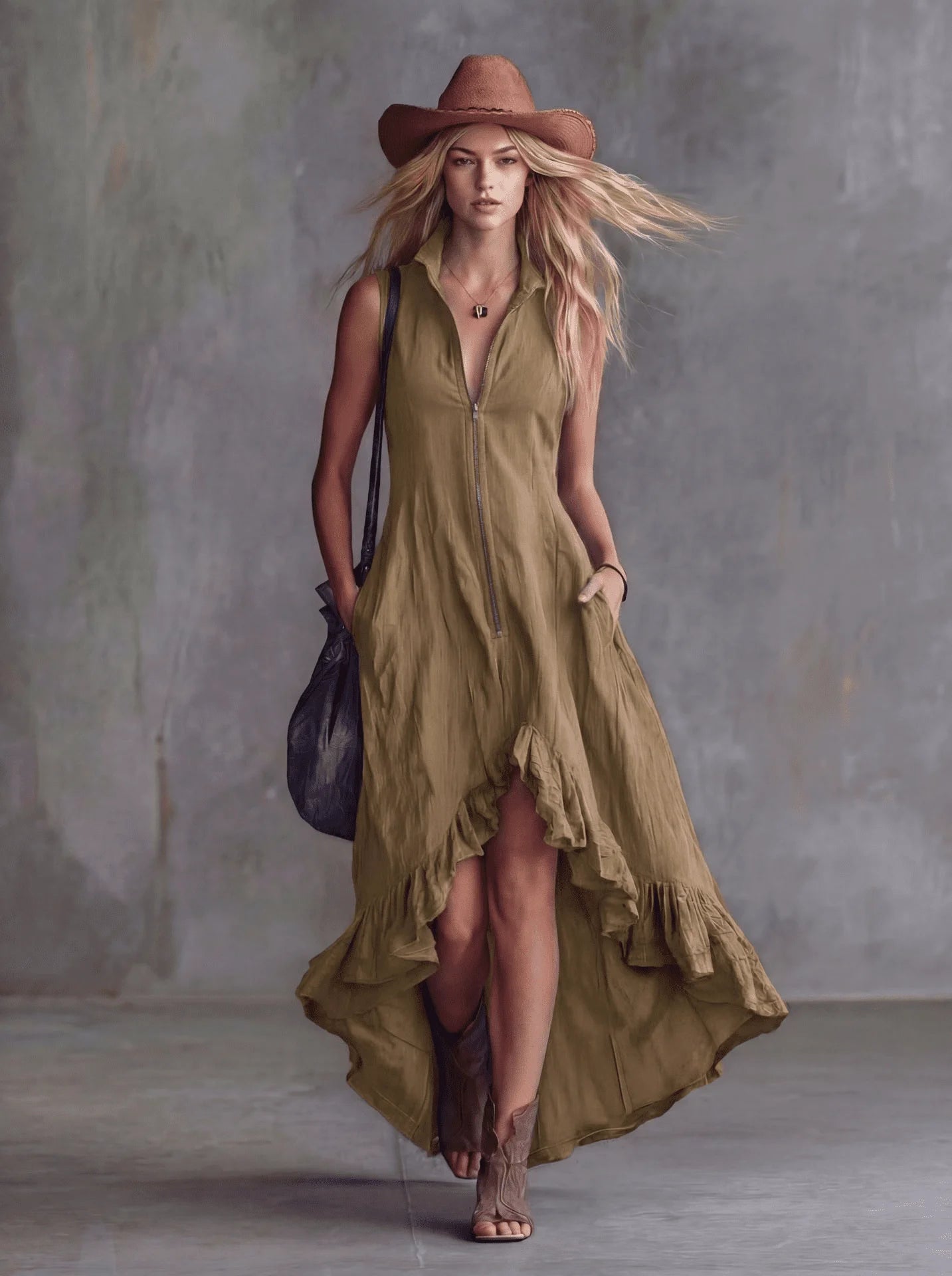 Women's Sleeveless Half Zip Maxi Dress Stand Collar High Low Ruffle Hem A-Line Long Dress with Pockets