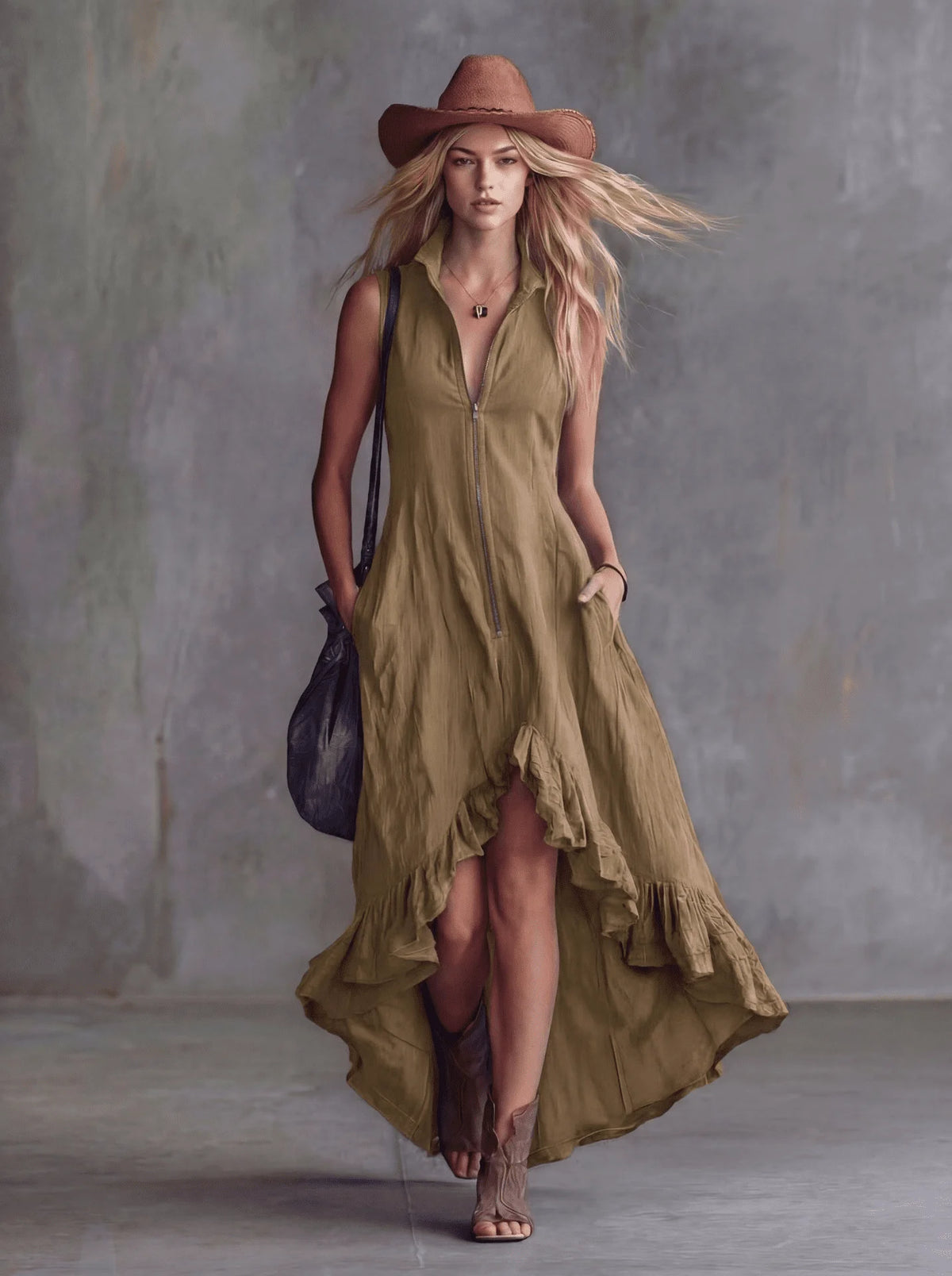 Women's Sleeveless Half Zip Maxi Dress Stand Collar High Low Ruffle Hem A-Line Long Dress with Pockets