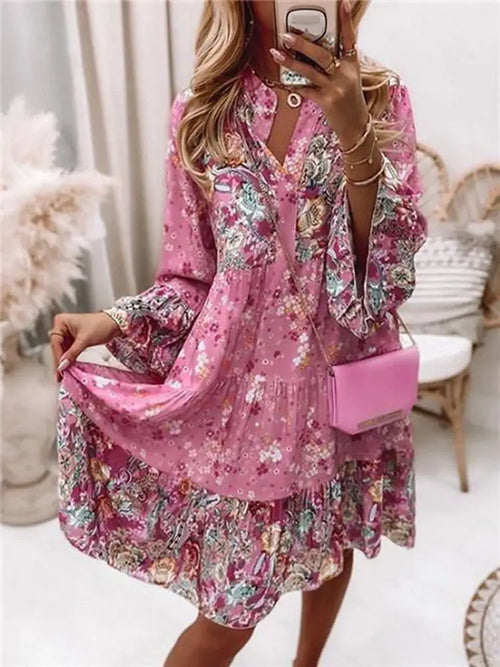 Casual Floral Print Dresses For Women  Sping Summer Boho V Neck Loose A Line Dress Elegant Beach Party Dress Robe Femme