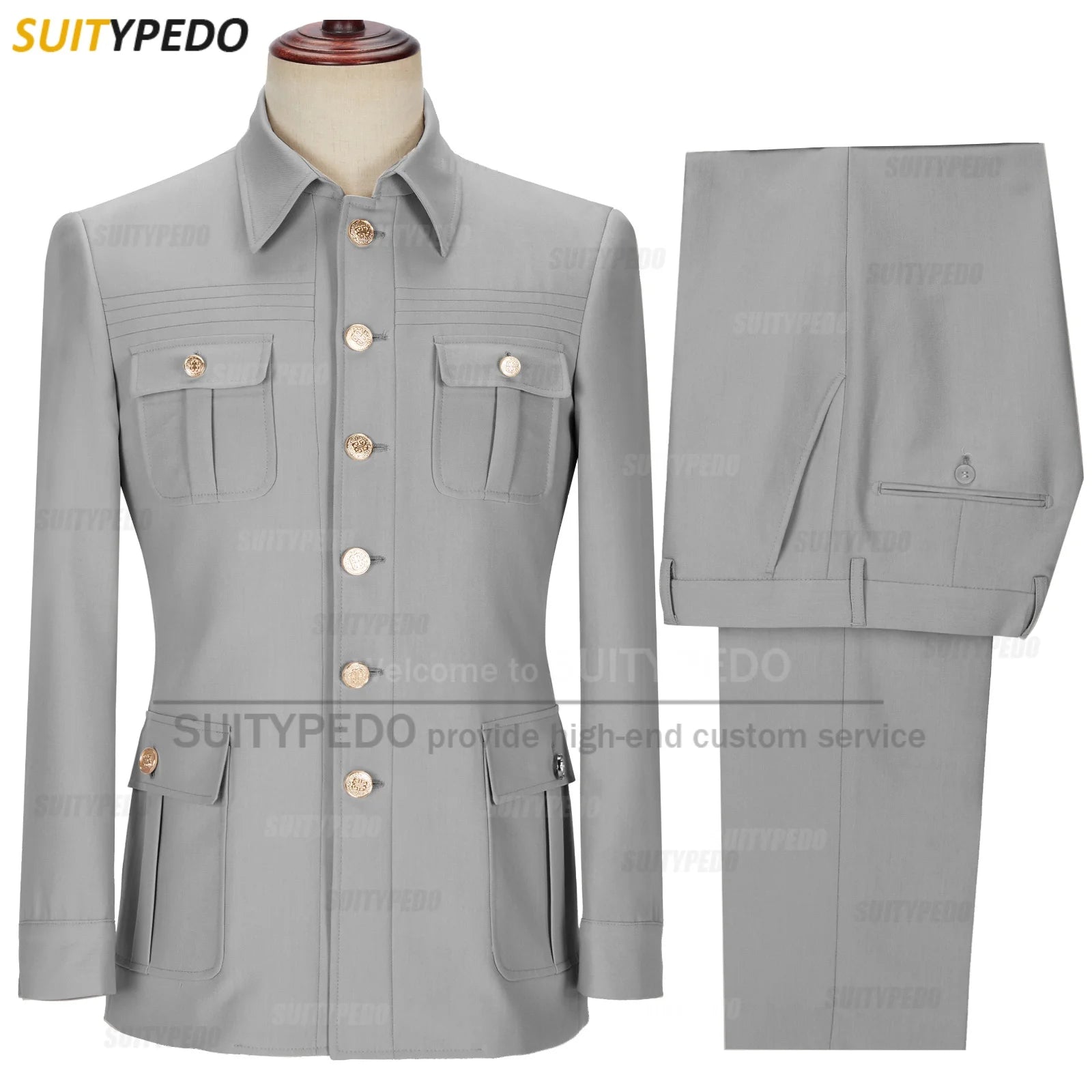 New Arrival  Elegant 2 Piece Slim Fit Men's Suits Fashion Four Pocket Wedding Party Suits（Blazer+Pants) Gold Button Texudos