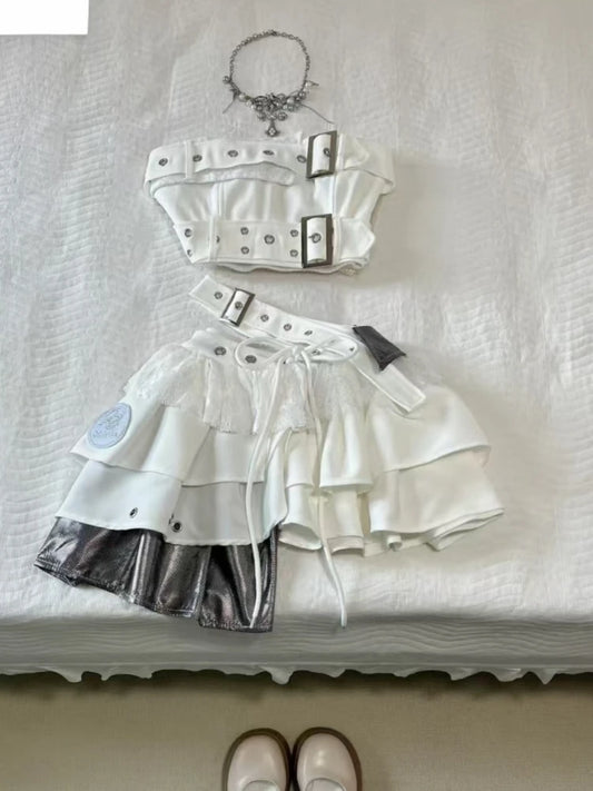 Vintage Summer Elegant Y2K Woman 2 Piece Sets Punk Gothic Strapless Crop Tops +High Waist Ruffle Skirt Female Party Outfits