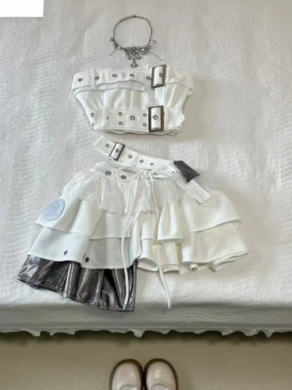 Vintage Summer Elegant Y2K Woman 2 Piece Sets Punk Gothic Strapless Crop Tops +High Waist Ruffle Skirt Female Party Outfits