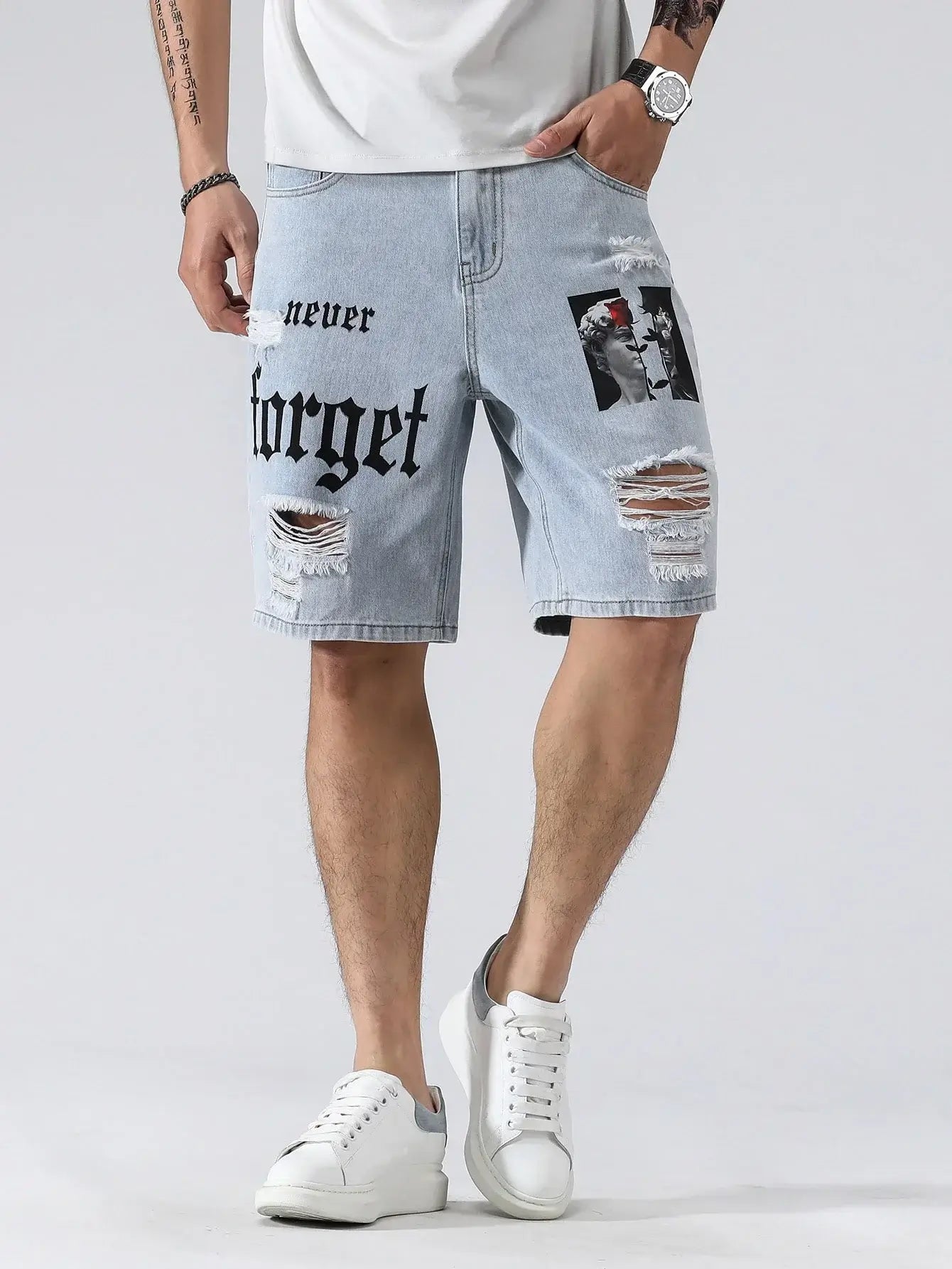 Herren Sommer Stretchy Denim Shorts Jeans Für Herren Streetwear Zerrissene Buchstaben Knielange Baggy Bequeme Cargo Freizeithosen Jeansshorts