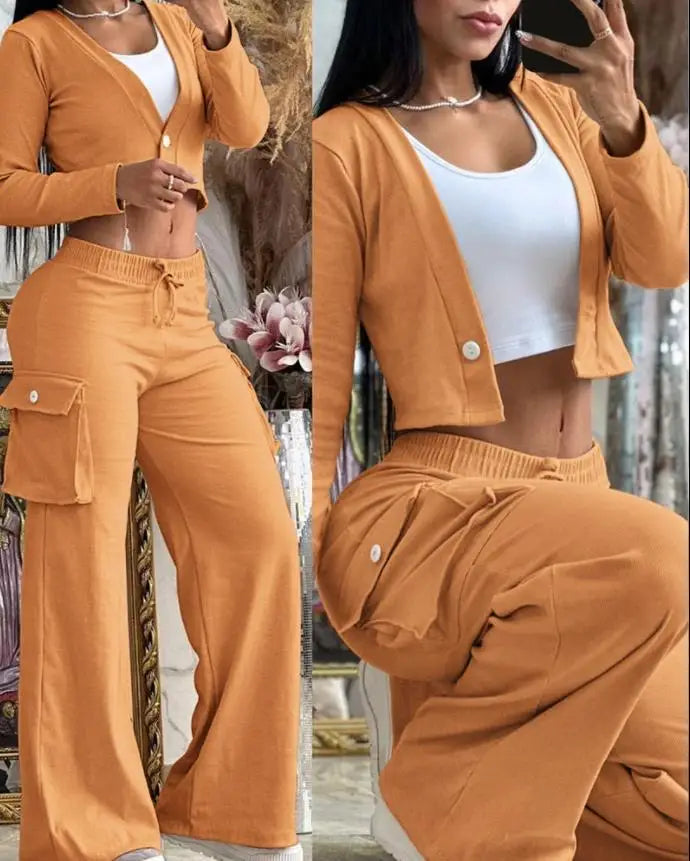 Women's Spring Summer New Fashionable Solid Color Printed Sexy Waist Short Top Casual Pants Set For Women