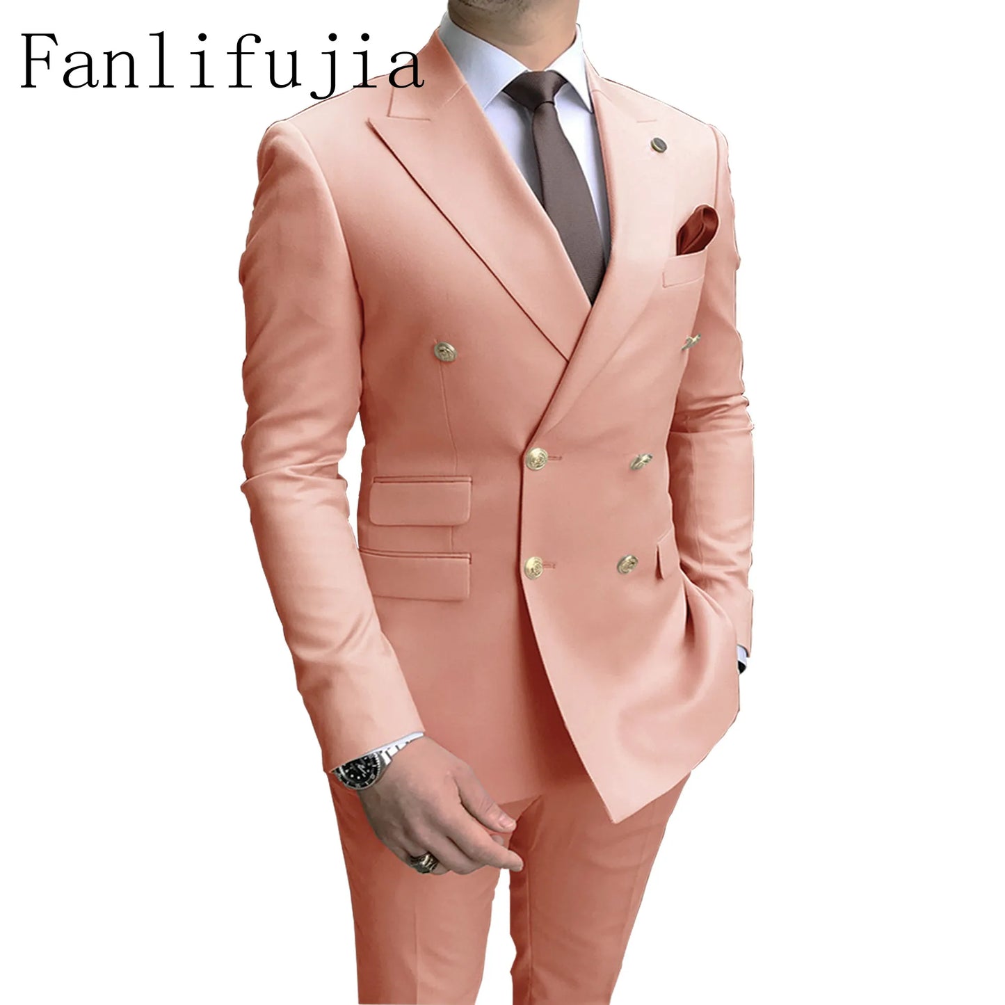 Fanlifujia Store  Casual Sky Blue Men Suits Double Brested Peak Lapel  Gold Button Groom Wedding Tuxedos Best Costume Homme