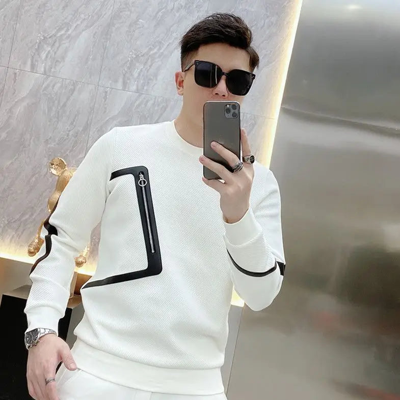 Men's Fashion Trend Zipper Patchwork Contrast Color T-shirt Spring Autumn Casual Loose Long Sleeve Pullovers Tops Male Clothes
