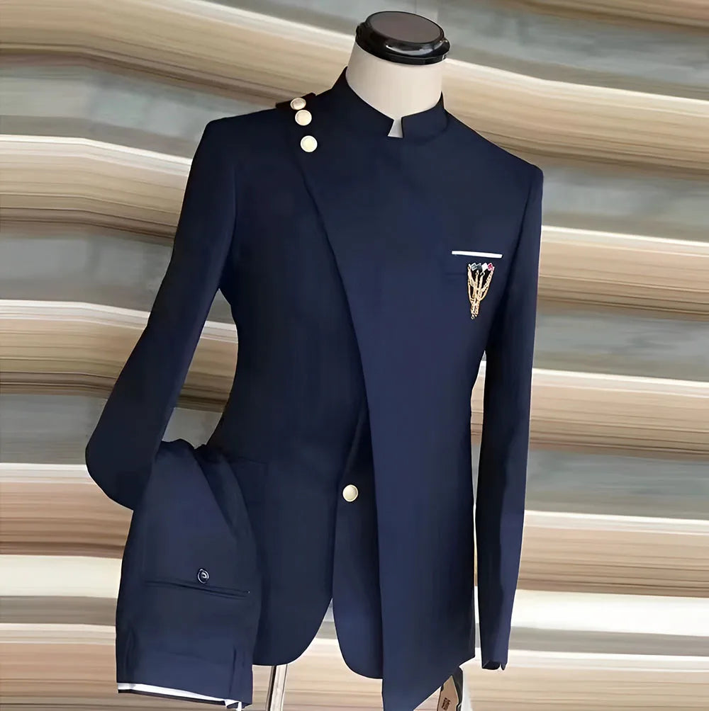 African Style Men's Suit 2 Piece Set Single Breasted Blazer Groom Wedding Tuxedo Gold Button Design Formal Jacket Pants 2 Piece