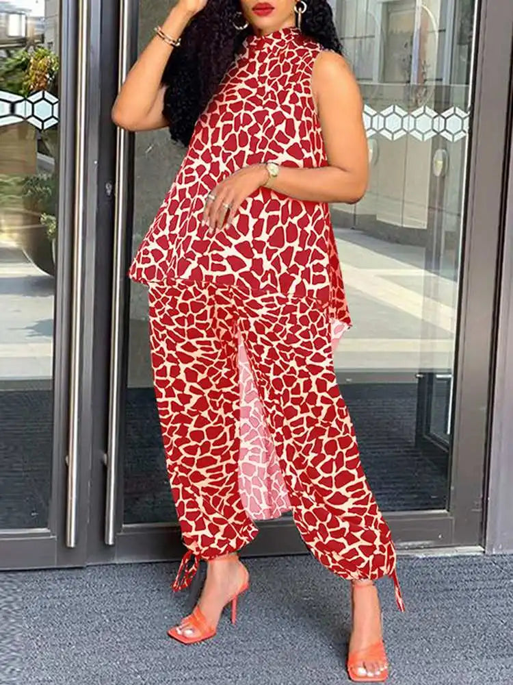 Plus Size 5XL VONDA Women Leopard Printed Pants Sets Fashion Suits Stand Collar Sleeveless Asymmetric Long Top Casual Vests 2pcs