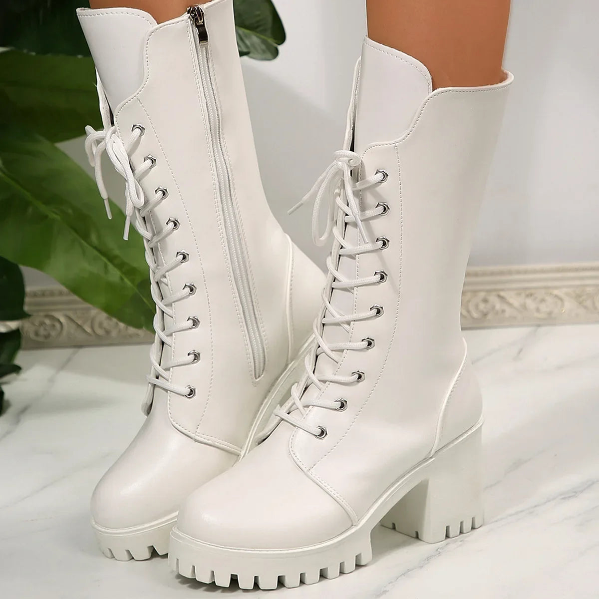 Hot Selling White Women's Boots New High Heels Lace-up Mid-calf Boots Fashion Platform Shoes Round Head Women's Botas for Autumn