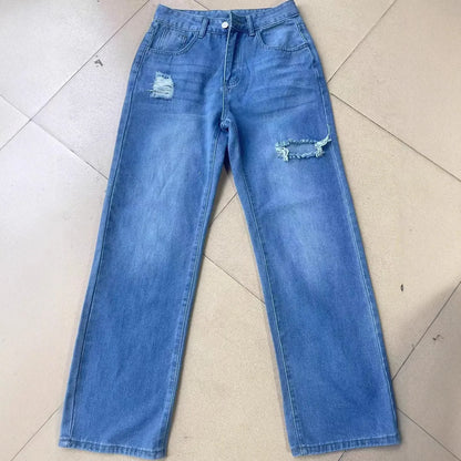 Mom Jeans Women Denim Pant Wide Leg Long Pants Hole High Waist Straight Trousers Y2k Streetwear Work Splice Casual  Punk