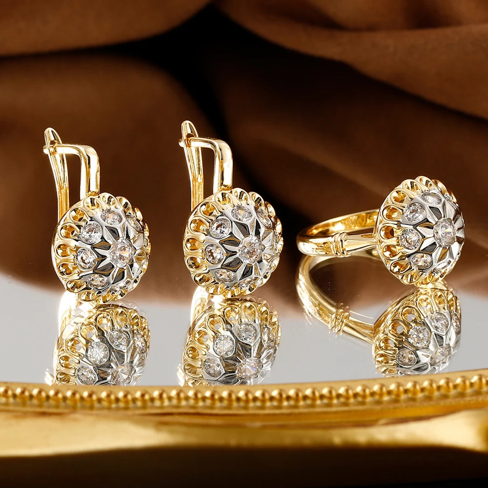 Inlaid Synthetic Zircon Fine suit Copper Plated 14K Gold Fashion Jewelry Three-piece Set Gift Birthday Party Jewelry