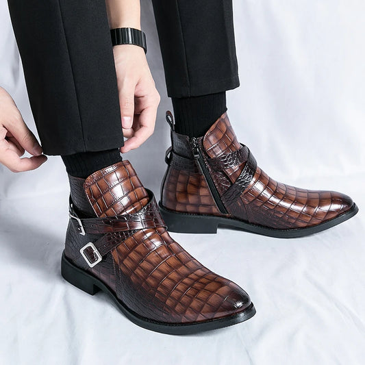 Men Ankle Boots Brown Black Business Pointed Zipper British Style Mens Retro Boots Crocodile Pattern Size 38-45 Motorcycle Boots