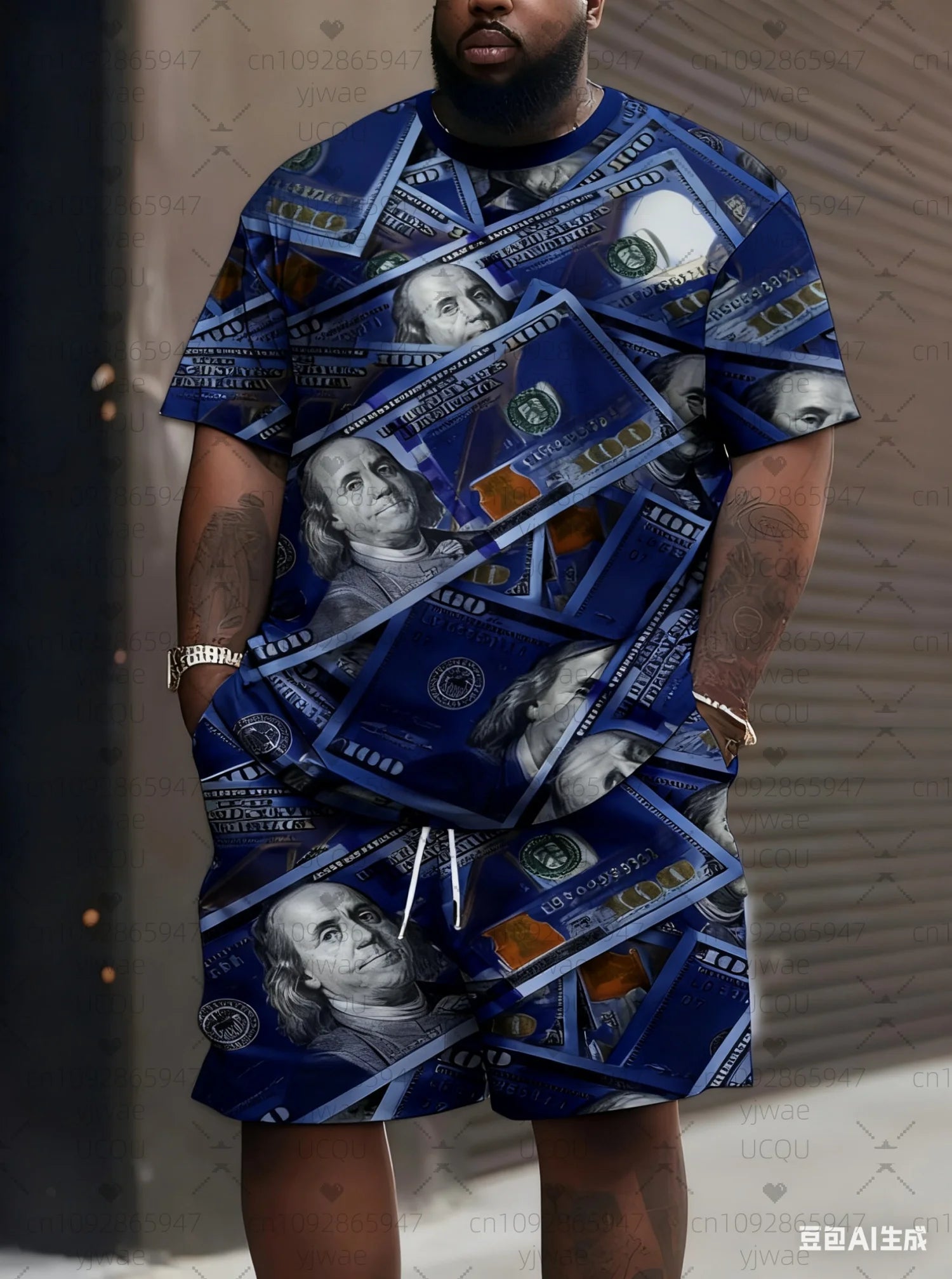 2025 Mens Novelty Dollar 3tracksuit Short Sleeve Football T-Shirt Shorts Set Adult Jogging Plus Size Tracksuit 2 Piece Set