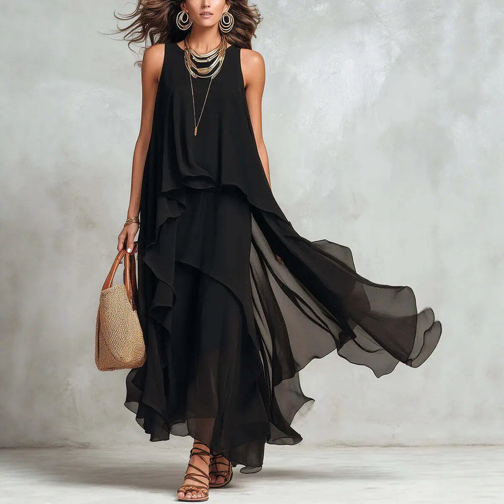 Women's Elegant Solid Dress Summer Casual O Neck Sleeveless Asymmetrical Ruffle Layered Chiffon Maxi Dress Holiday Party Dress