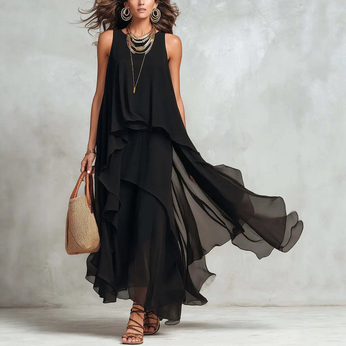 Woman Elegant Solid Dress Summer Casual O Neck Sleeveless Asymmetrical Ruffle Layered Chiffon Maxi Dress Holiday Party Dress