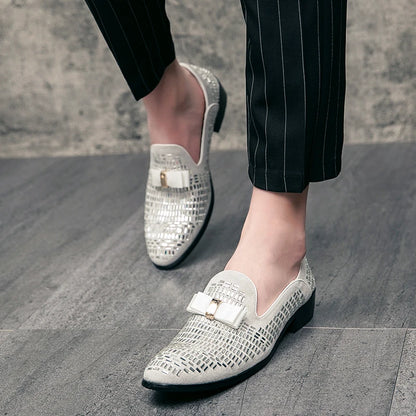 Men Evening formal Dress Rhinestone Shoes Loafers Casual Prom Wedding Party Leather slip on Shoes Men Silver Plus Size 48