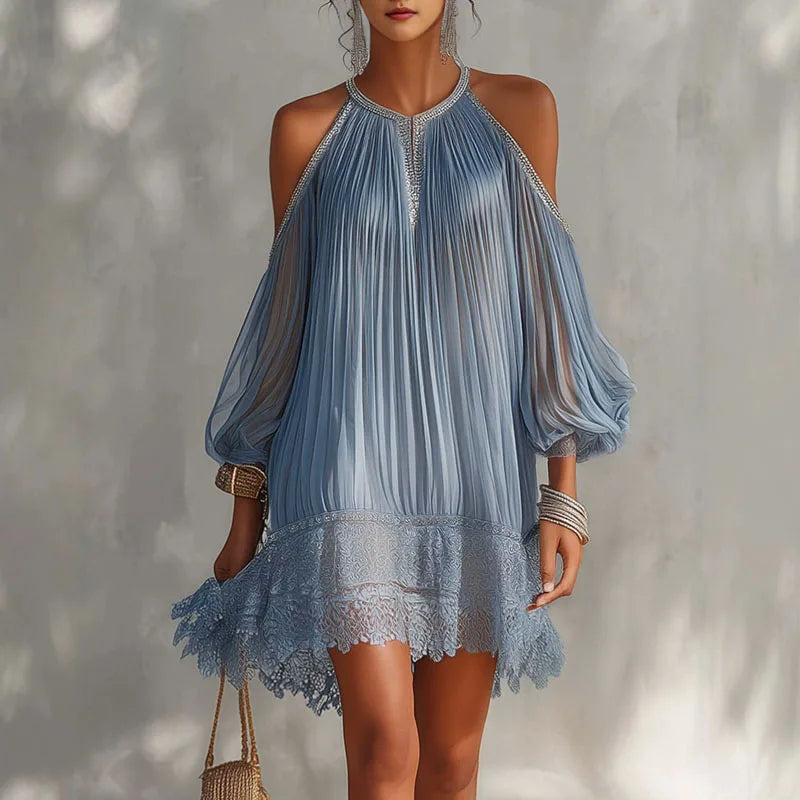 Elegant Trim Sheer Halter Mini Dress Off Shoulder Lantern Sleeve Pleated Mesh Ruffle Loose Short Dress Resort Guest Prom Dresses