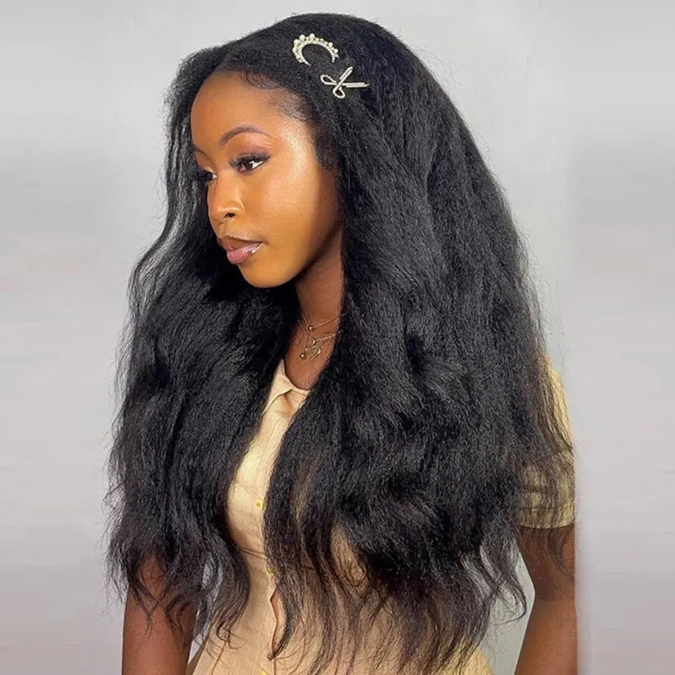 250 Density Kinky Straight Half Wigs Human Hair Flip Over Gluless 3 In 1 Half Wig With Drawstring 40 Inch Wear And Go For Women