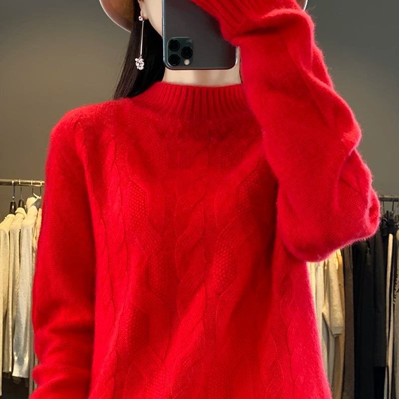 Jueqi Cashmere Sweater Women's Half High Neck Pullover Twisted Flower Thickened Sweater 100% Pure Wool Bottom YSN-359