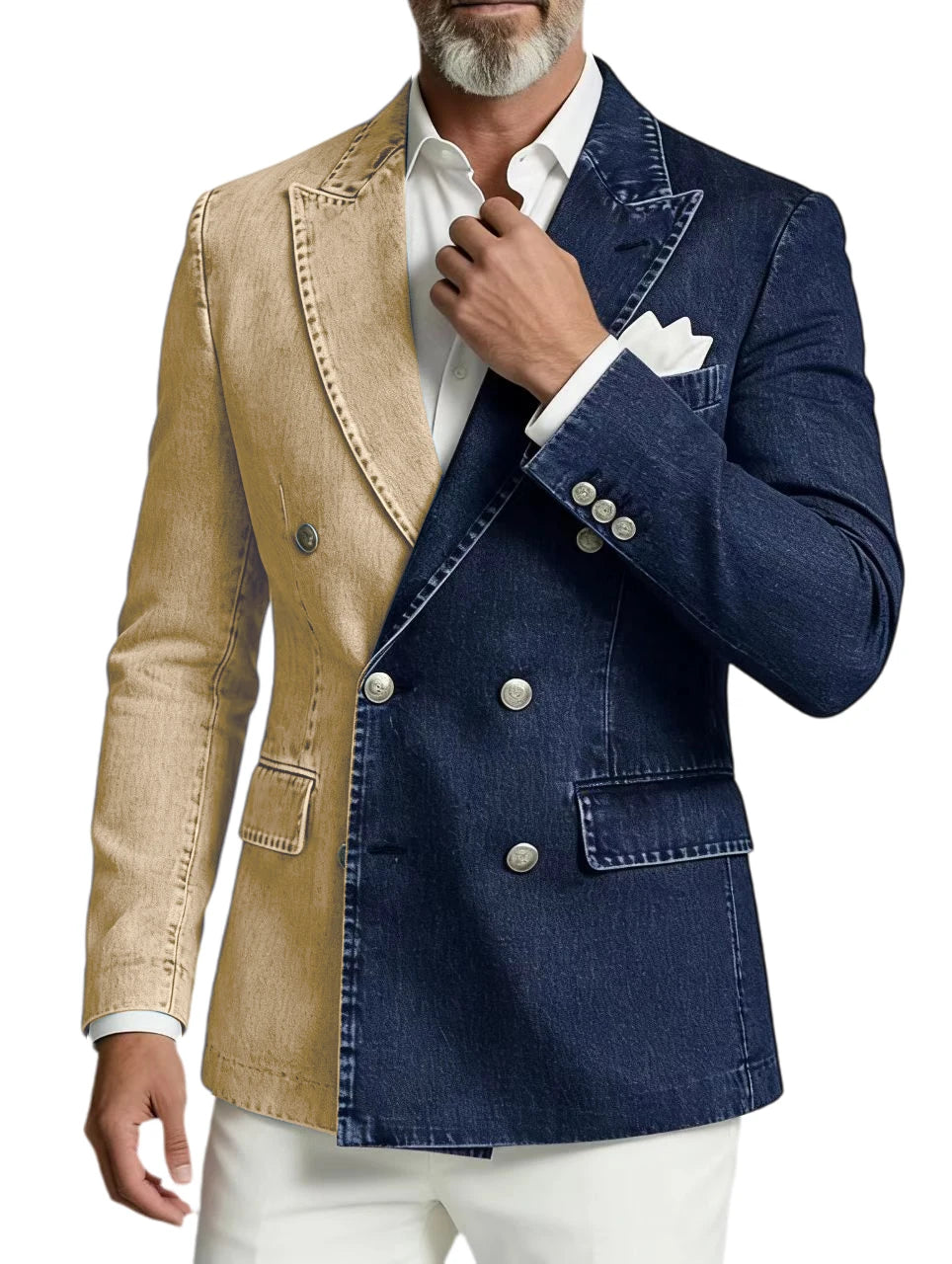Men Spliced Denim Jacket Peak Lapel Double Breasted Slim Fit Casual Blazer Outing Date Night Trendy Party Fashion Costume Homme