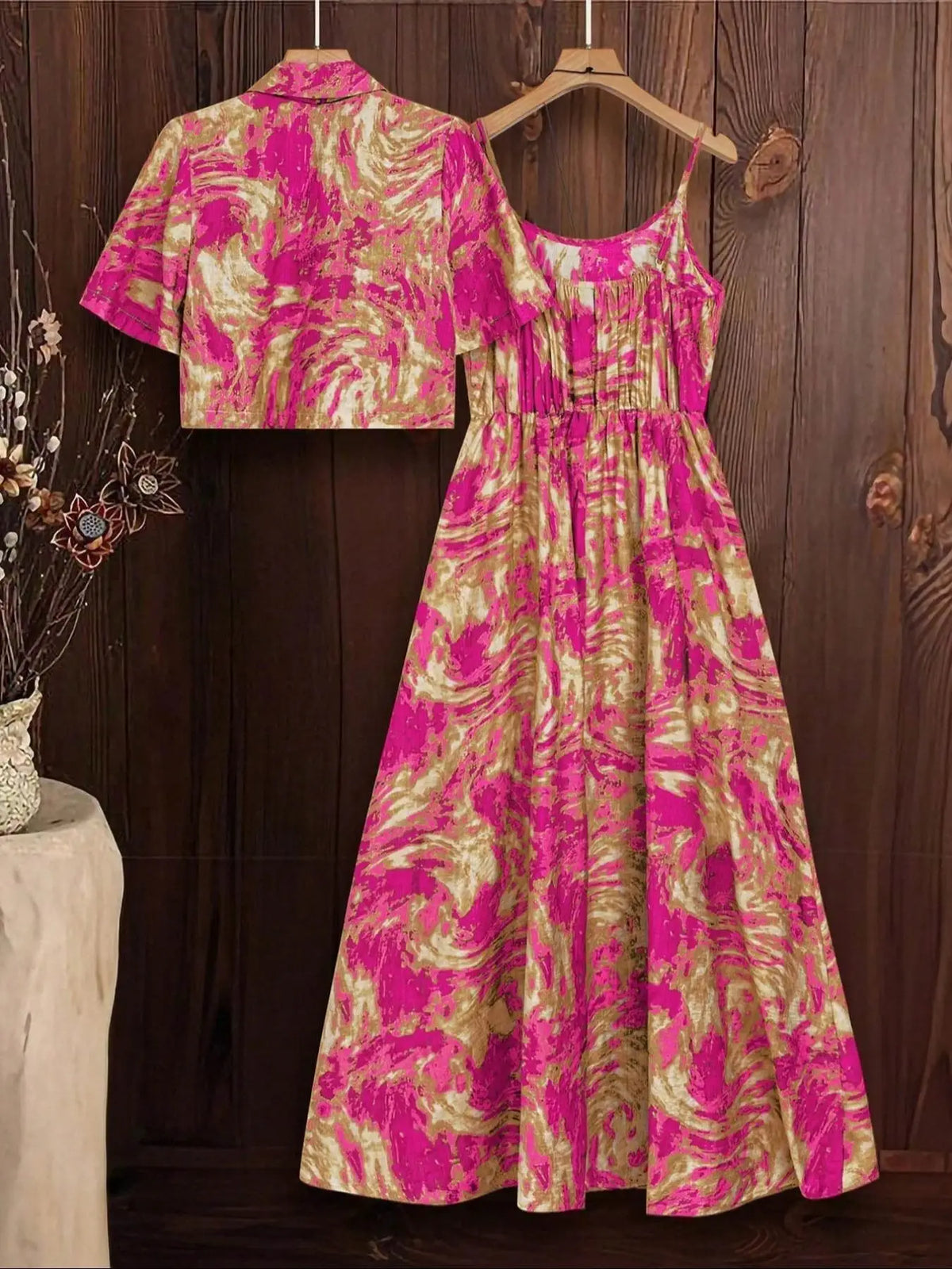 Plus Size Tanktop-Kleid und Oberteil-Set mit Marmormuster, lässiges ärmelloses Kleid und Oberteil, zweiteilige Damen-Outfits für alle Jahreszeiten