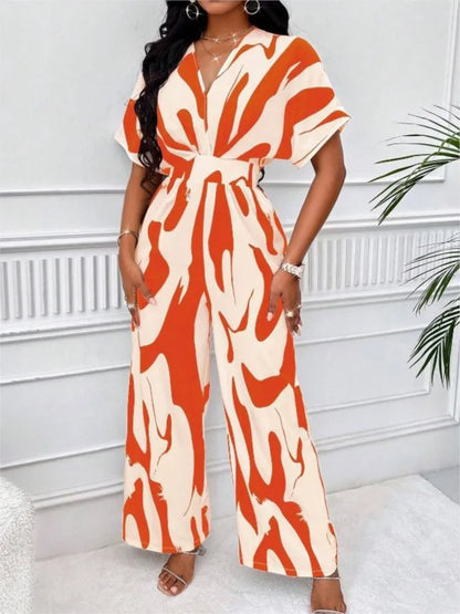 Women Wide Leg Jumpsuit Spring Summer Fashion V Neck Short Sleeve High Waist Full Body Printed Jumpsuits Casual One Pieces