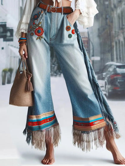 Women Tassel Jeans Pockets Floral Embroidery Patchwork Denim Straight Leg Jeans Ethnic Casual Vintage High Waist Denim Trousers