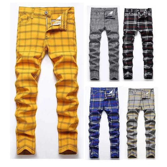 Men's Casual Pants Street Stretchy Skinny Pants Straight Plaid Business Pants Slim Fit Trousers