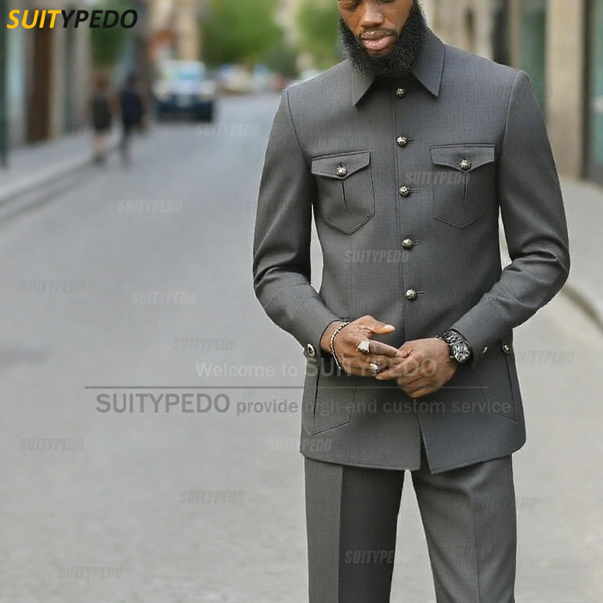 Fashion Stand Collar Men's Suit Newest Smart Casual Four Pockets Prom Formal Hommes 2 Pieces Blazer And Pants Sets Texudos