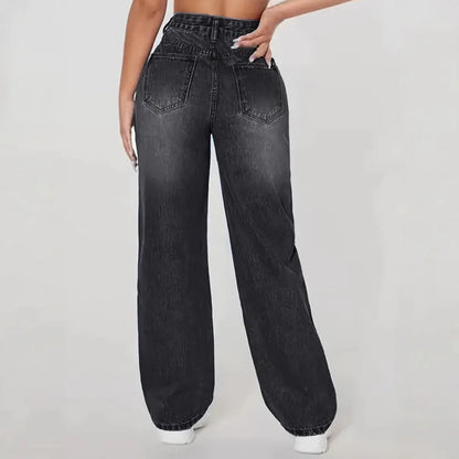 Mom Jeans Women Denim Pant Wide Leg Long Pants Hole High Waist Straight Trousers Y2k Streetwear Work Splice Casual  Punk