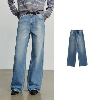 TOYOUTH Women Denim Jeans  Autumn New Cotton High Street Wide Leg Pants Gray