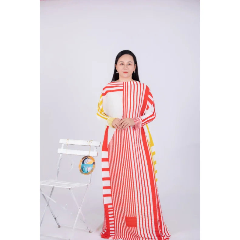 ANLAN Miyake Pleated Stripe Dress Fashion Relaxed Party Temperament Maxi Long Dresses 2024 Summer New Elegant Women's Clothing