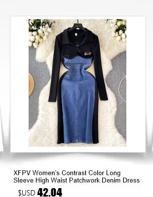 XFPV Women's Denim Patchwork Single Breasted Slim Single Breasted Wrapped Hip Dress Vestidos Fashion Spring Autumn 2024 SM9332