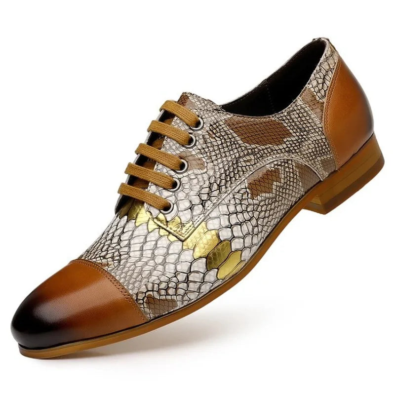 Luxury Brand Genuine Leather Men's Formal Shoes Fashion Snake Pattern Design Lace Up Men Business Dress Groom Wedding Shoes