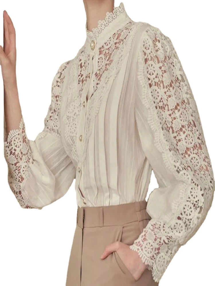 Women White Lace Blouse Long Sleeve Vintage Lace Shirt Korea Fine Elegant Pearl Button Flower Blouse Sexy OL Office Outfit Top